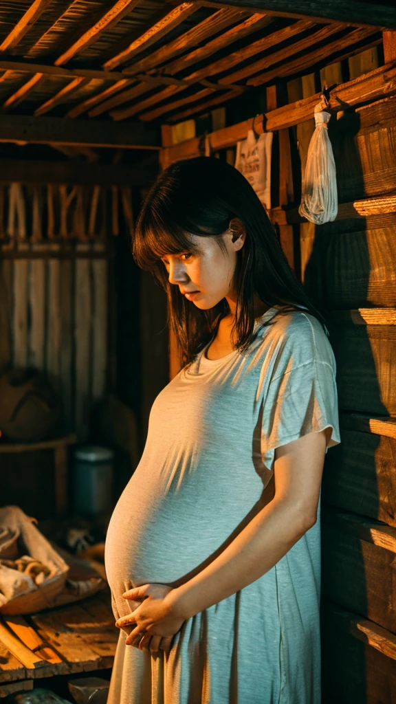 Sad pregnant woman in a simple shack with wood and tarps, sad moon night look