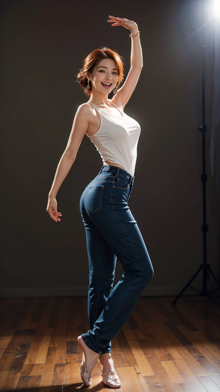 mix4, 20d, solo, long_hair, look_at_viewer, (8k, RAW photo, best quality, masterpiece:1.2), (realistic, photo-realistic:1.37), professional lighting, photon mapping, radiosity, physically-based rendering,full body portrait barefoot woman with auburn hair in updo dancing wearing sleeveless blouse and loose pants of wrinkled silk fabric with cuffed ankles, chunky sapphire earrings, shoulder tilted, slight smile, standing in relaxed pose, white studio background,leaning forward,,Open mouth and laugh out loud, Different colors, Big butt, Medium breasts, thick thighs,long legs,summer,(((Dance)))