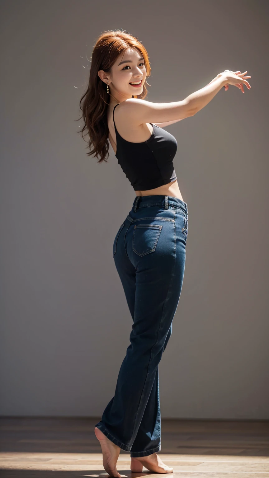 mix4, 20d, solo, long_hair, look_at_viewer, (8k, RAW photo, best quality, masterpiece:1.2), (realistic, photo-realistic:1.37), professional lighting, photon mapping, radiosity, physically-based rendering,full body portrait barefoot woman with auburn hair in updo dancing wearing sleeveless blouse and loose pants of wrinkled silk fabric with cuffed ankles, chunky sapphire earrings, shoulder tilted, slight smile, standing in relaxed pose, white studio background,leaning forward,,Open mouth and laugh out loud, Different colors, Big butt, Medium breasts, thick thighs,long legs,summer,(((Dance)))