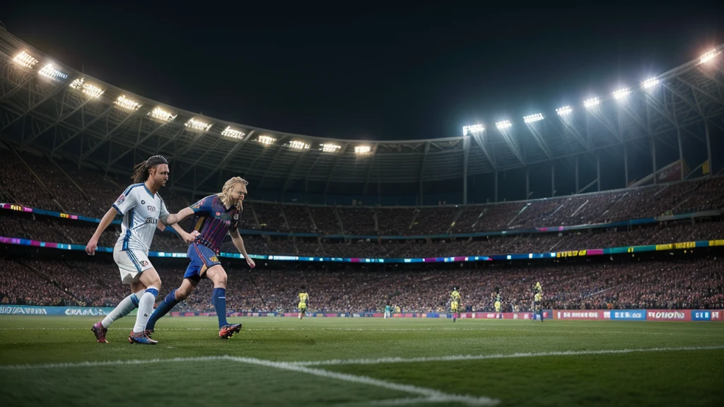 realistic,
gorgeus blonde (Ronaldinho gaúcho)detailed,
focused eyes,
and (messi)detailed
playing football with a stadium full of fans and a rain of bitcoins invading the field
(full entire body),
wearing the Barcelona uniform
((stadium football)),
night,
best quality masterpiece ,
photorealistic,detailed, 8k,hdr, shallow depth of field,
broad light,high contrast,backlighting
