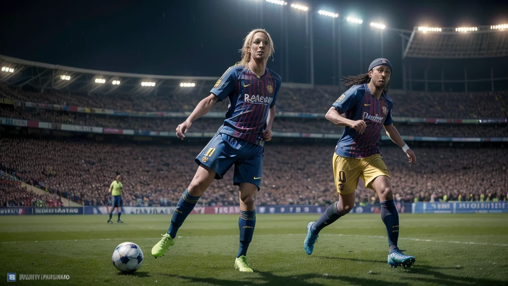 realistic,
gorgeus blonde (Ronaldinho gaúcho)detailed,
focused eyes,
and (messi)detailed
playing football with a stadium full of fans and a rain of bitcoins invading the field
(full entire body),
wearing the Barcelona uniform
((stadium football)),
night,
best quality masterpiece ,
photorealistic,detailed, 8k,hdr, shallow depth of field,
broad light,high contrast,backlighting