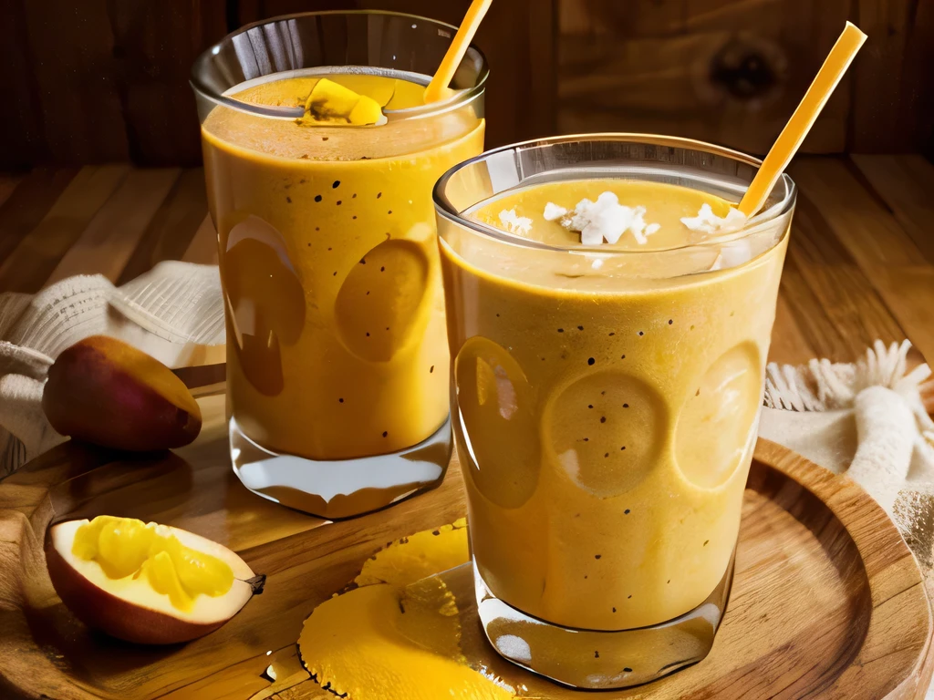 Create the photo of a mango and turmeric smoothie and coconut milk that the decoration is the ingredients