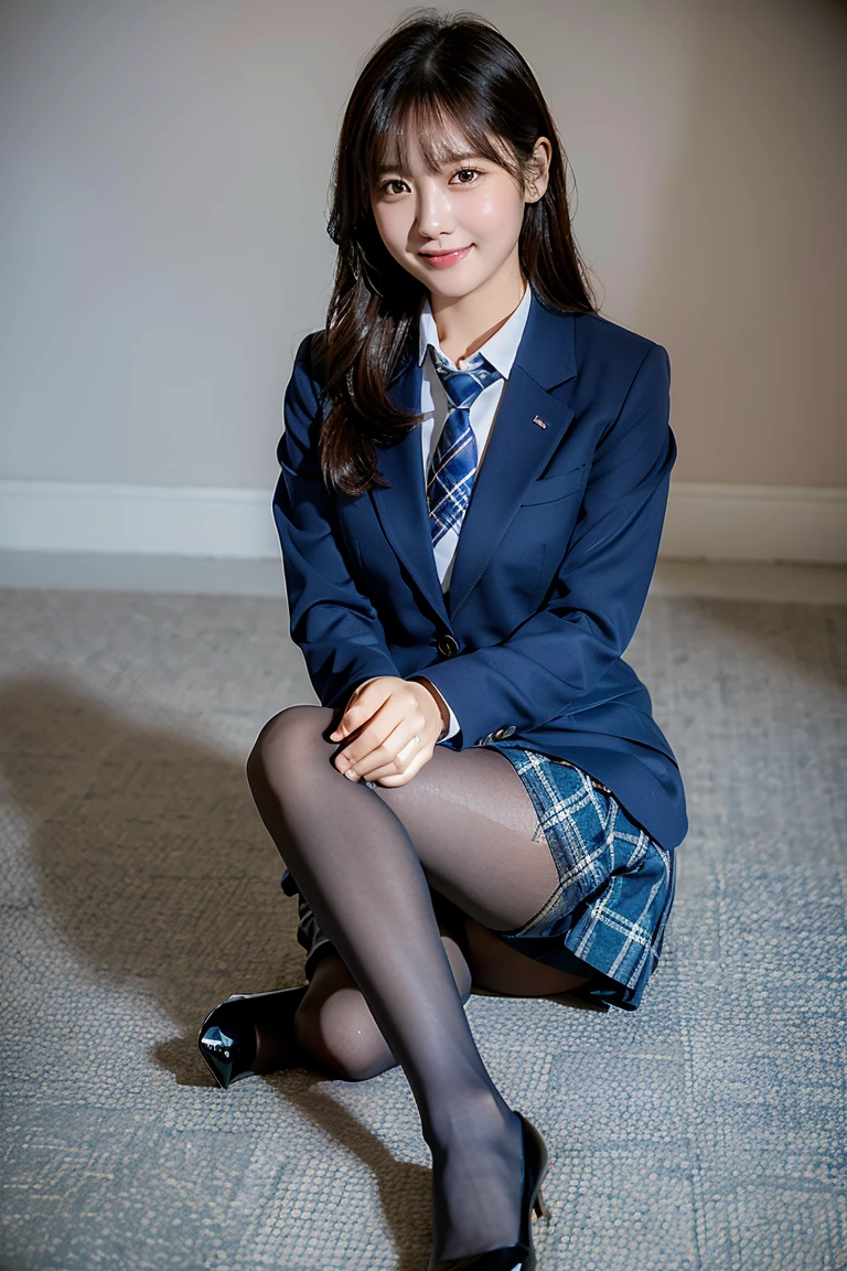 (8k), (best quality: 1.2), (realistic), (realistic: 1.37), ultra high resolution, (1 girl), cute, blush,embarrassed smile, beautiful details, beautiful nose, wet hair, two giant cells, pork, thighs，Self Snap,college ,(Simple navy blue blazer:1.4),(pleated skirt:1.2),(The skirt and tie have a gray tartan check pattern...:1.3),(seat:1), sit on the floor,(hold my feet:1),(shiny pantyhose:1.2),before,knee