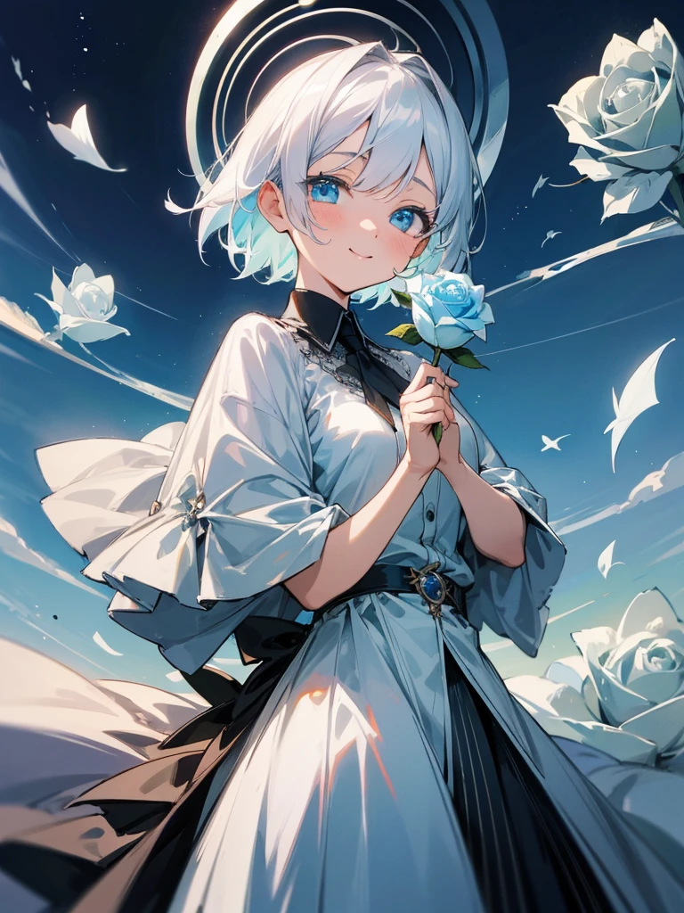 Ultra high res, Ultra Quality art,Under beautiful sky a great detective anime girl short hair and beautiful blue eyes holding a white rose with a charming smile,kawai art,deep art,