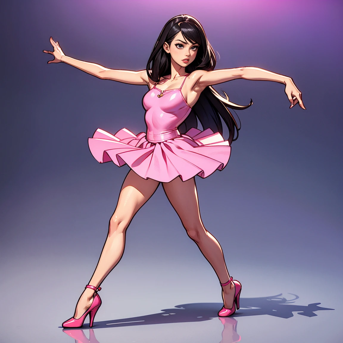 3Dmodern、(Cartoon、Realism)、modern、girl、Pink skirt、High heel、whole body、High precision、Delicate facial features、Dance poses,long hair,Long legs