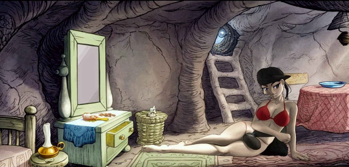 there is a woman in a bikini laying on a bed, point-and-click adventure game, todd schorr, by Krzysztof Boguszewski, digitally painted, todd schorr highly detailed, in his hobbit home, animated film still, interior of a hobbit hole, alice goes down the rabbit hole, animation film still, animated movie shot
