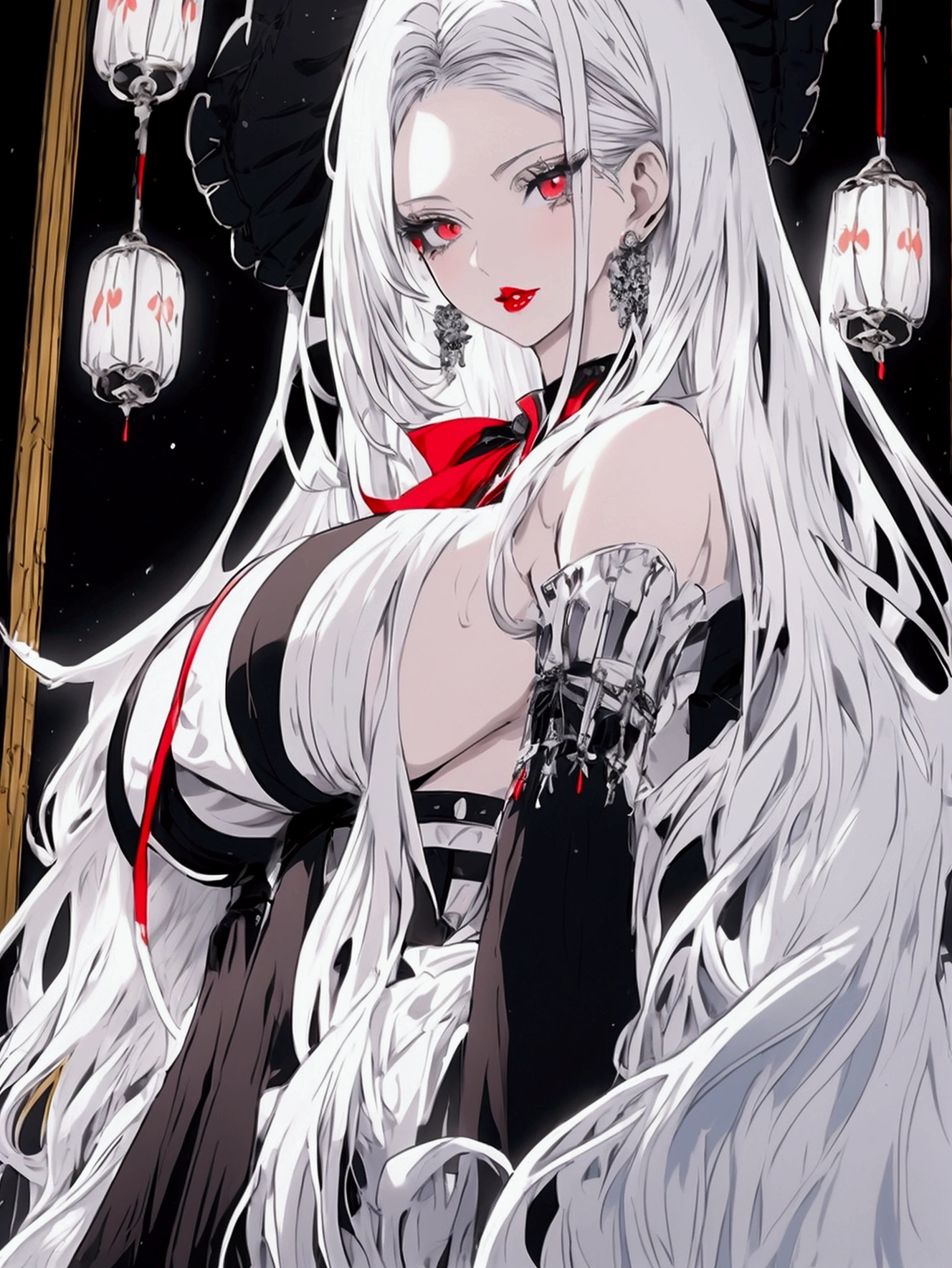 anime style, Adult woman with long loose white hair, perfect body with big breasts perfect faces her eyes are bright blue she has red lipstick white skin,  She wears a black and white dress with shiny details in her two hands. She has blue fans with iron tips.. He is around many people in a large room. 