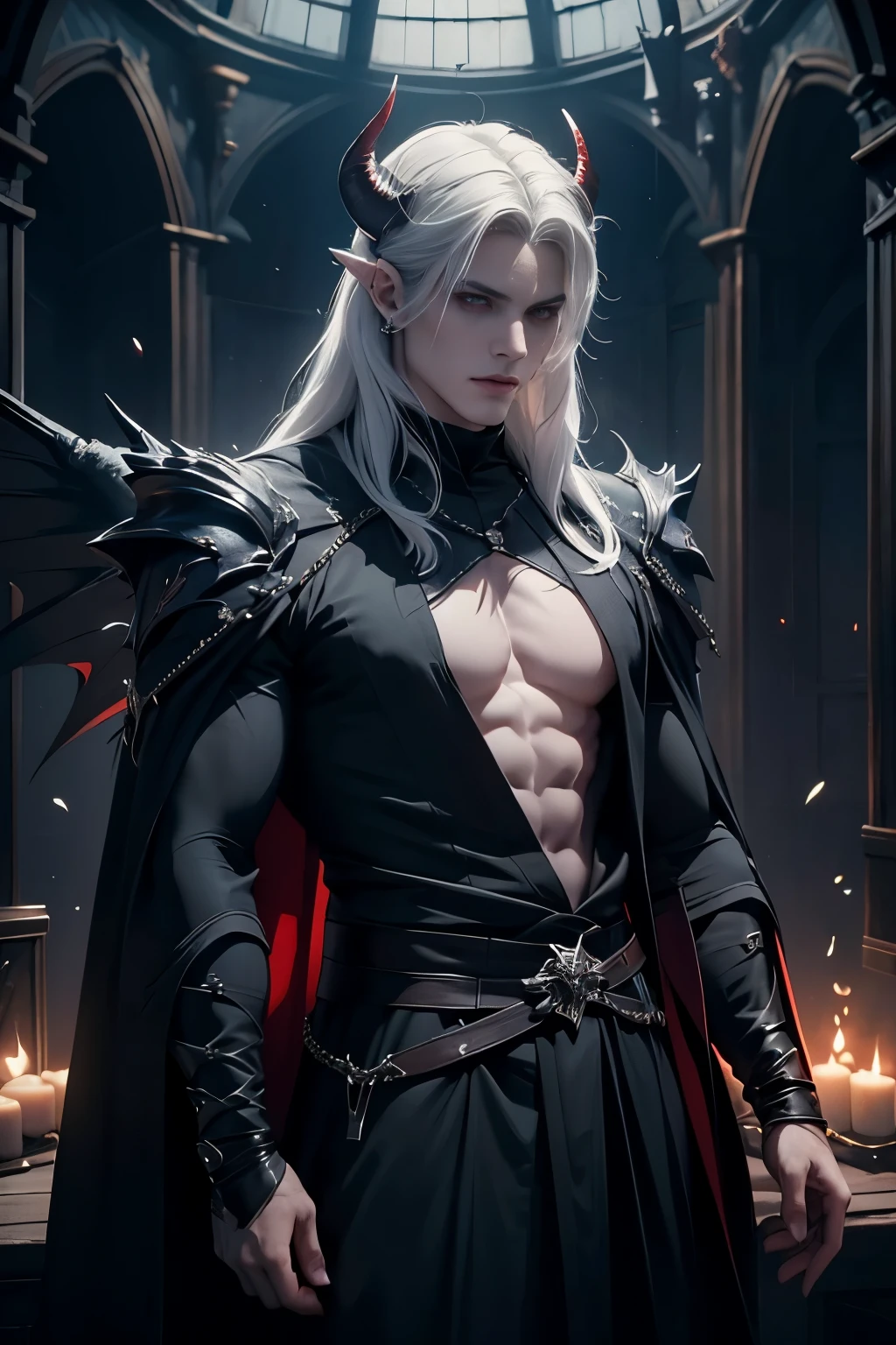 ((Best quality)), ((masterpiece)), 8k (detailed), ((perfect face)), perfect proporcions, ((halfbody)) he is a sorcerer, he is 30 years old, he dresses in a wizard's robe, gothic style, he has red eyes, he has long wavy white hair, he is in a witcher's hut, he is strong and muscular, he has the bare torso, he is a demon ((perfect face)) sexy male, gothic make up ((fullfbody)) white hair, he has demon wings, he has black horns, horns, demon, dominant, man face, 