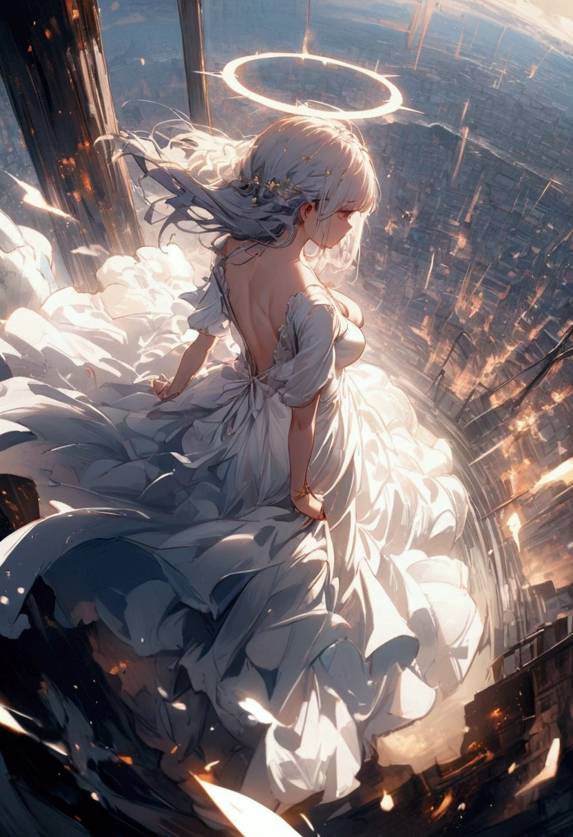
One (Back view:1.5) A very beautiful female angel\(Long platinum hair, wide back white dress,(From her chest hangs big, beautiful angel wings.),Very beautiful shining halo\), She has her arms wide open as if asking for help., She&#39;s on the clouds、Looking down at the world below, Fierce war\((Lots of sparks and fire), fail, Fighter, Many buildings collapsed, Nature is destroyed, Magnificent and spectacular views\) It&#39;s happening under the clouds, BREOneK ,quality\(8k,非常に精細なCGユニットのwallpaper, masterpiece,High resolution,top-quality,top-quality real texture skin,Surreal,Increase the resolution,ROneW photos,最高quality,Very detailed,wallpaper,Cinema Lighting,Ray-tracing,Golden Ratio\),[Browsing Caution],Dynamic Angle,[Browsing Caution],From above
