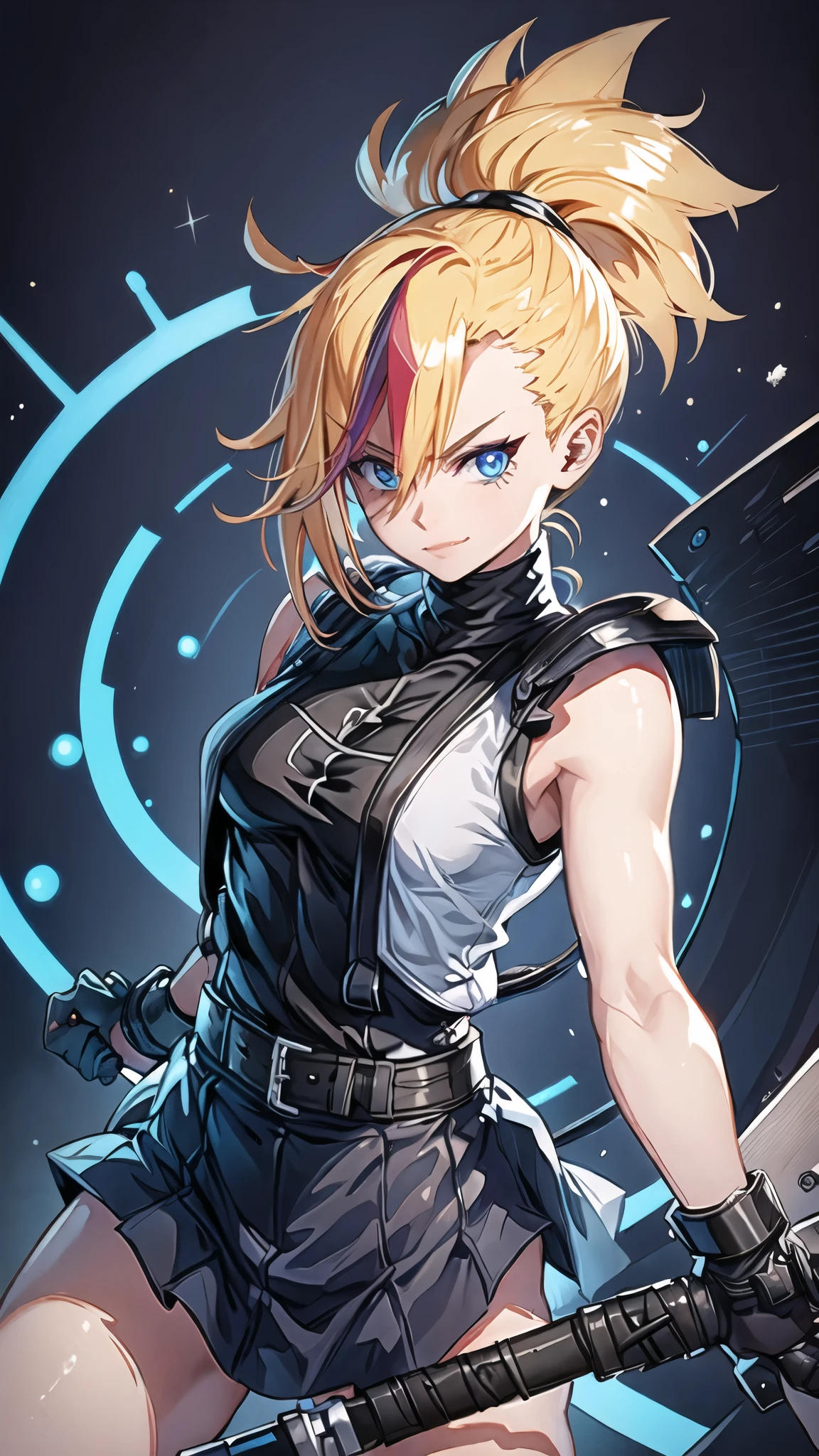 (masterpiece, best quality:1.2), Blue  glowing eyes, perfect face, highres, 1 girl, solo, ultra long ponytail, (female:1.5), strife, blonde hair, shoulder armor, sleeveless turtleneck, suspenders, belt, gloves, bracer, evil smile, standing, portrait, looking at viewer, giant sword on the back