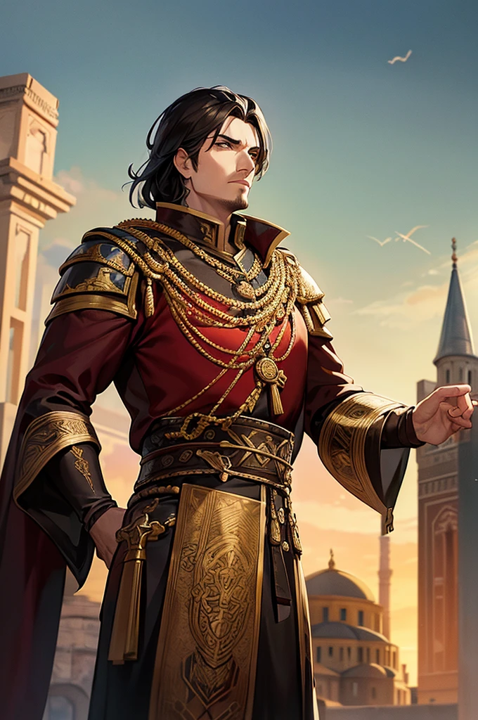 Content: A wide shot of Mehmed the Conqueror, clad in a detailed suit of armor befitting an Ottoman Sultan. He stands tall and imposing, symbolizing his powerful reign over the Ottoman Empire. His armor is ornate, with intricate patterns and gold embellishments, and he wears a regal crimson cape. Mehmed’s expression is stern and resolute, reflecting his strategic mind and determination. The background features a panoramic view of Constantinople, with key landmarks like the Hagia Sophia and the city walls, emphasizing the grandeur of his empire during the Ottoman Empire era.
Medium: Digital art, character illustration.
Style: Inspired by the historical and strategic art styles found in the Age of Empires series, particularly Age of Empires 2 and Age of Empires 3. This style combines realistic details with a heroic, slightly stylized aesthetic to highlight Mehmed’s legendary status and the grandeur of the Ottoman Empire.
Lighting: Strong, directional lighting that highlights Mehmed’s armor and figure, casting bold shadows to emphasize his commanding presence and the dramatic setting.
Colours: A rich and bold color palette featuring dominant reds, golds, and deep blues, contrasted by the earthy tones of the city and the bright sky above.
Composition: A wide shot with a 35mm lens, focusing on Mehmed in the foreground, with the vast city of Constantinople stretching out behind him. The composition captures the scale of his empire and his pivotal role within it, showcasing him as a central figure of authority and power.