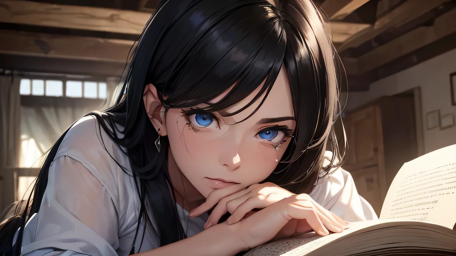 26-year-old woman with black hair and a white shirt, blue eyes crying a lot and screaming, reading a black book, next to her bed, in an old and destroyed room, dark and old, at night, face with tears in tears (better quality , 4k, 8k, high resolution, masterpiece: 1.2), ultra detailed, (realistic, photorealistic, photorealistic: 1.37), hdr, uhd, studio lighting, ultra fine painting, sharp focus, physics-based rendering, extreme detailed description , professional, vivid colors, bokeh, portrait, dramatic lighting