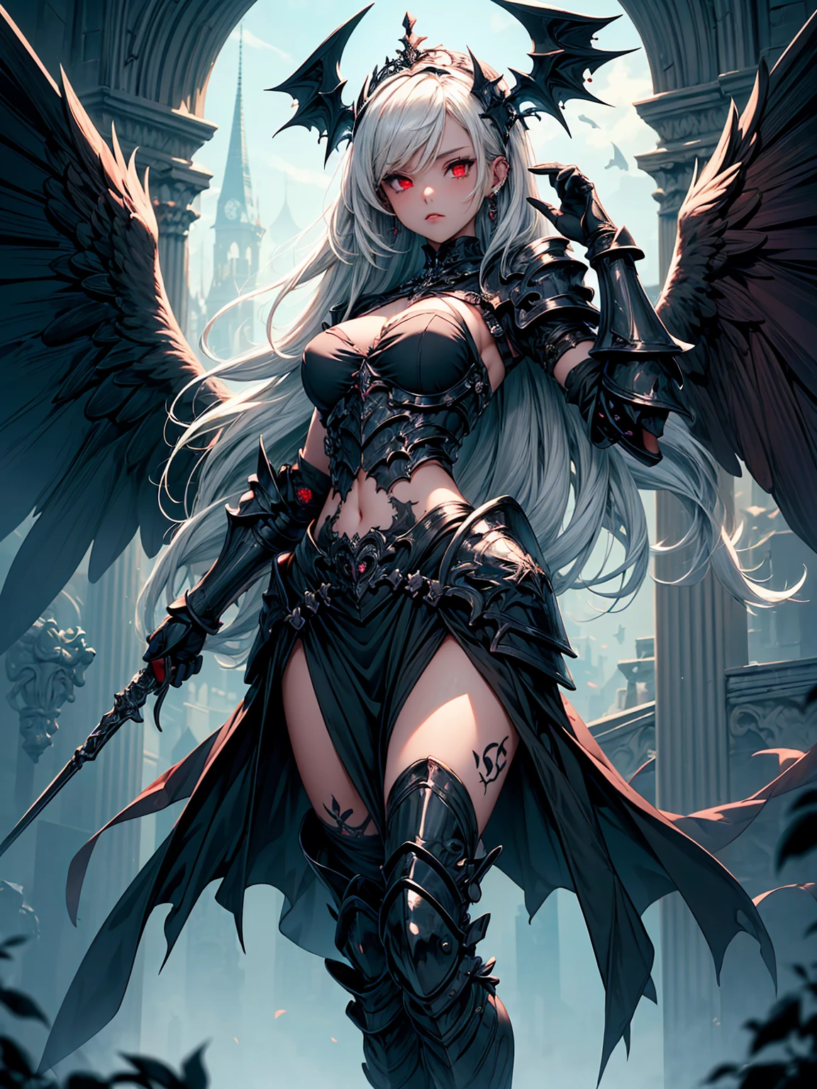 (((masterpiece, best quality, 16k)))queen power armor , (gothic style), full body view , bellybutton, The most beautiful and sexy demon goddess, long white hair, glowing red eyes, wearing detailed black gothic battle armor, black angel wings, tattoos and piercings, gothic castle, perfect masterpiece, high quality, high resolution