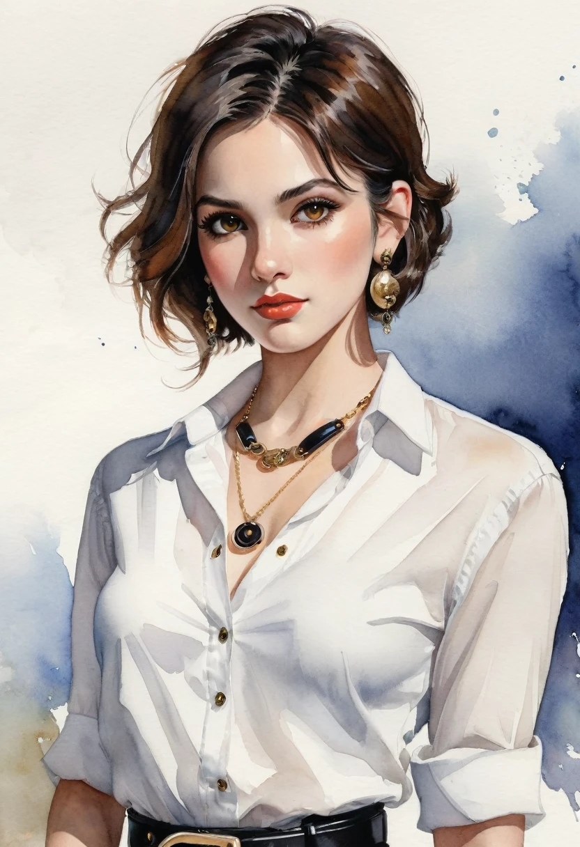 Miniature painting, watercolor style, cartoon, a detailed close-up captures a girl, her gaze directed to the upper right corner of the frame. She is dressed in a white button-down shirt, paired with a black skirt and a black belt. a chain necklace hanging around the neck adds a touch of elegance. Her hair, short and black, is styled in a bob, adding a touch of whimsy to her appearance. Her striking brown eyes are accentuated by large, round earrings, adding a touch of elegance. Her left hand, adorned with a black bracelet, rests on her hip, while her right hand is crossed in front of her chest.