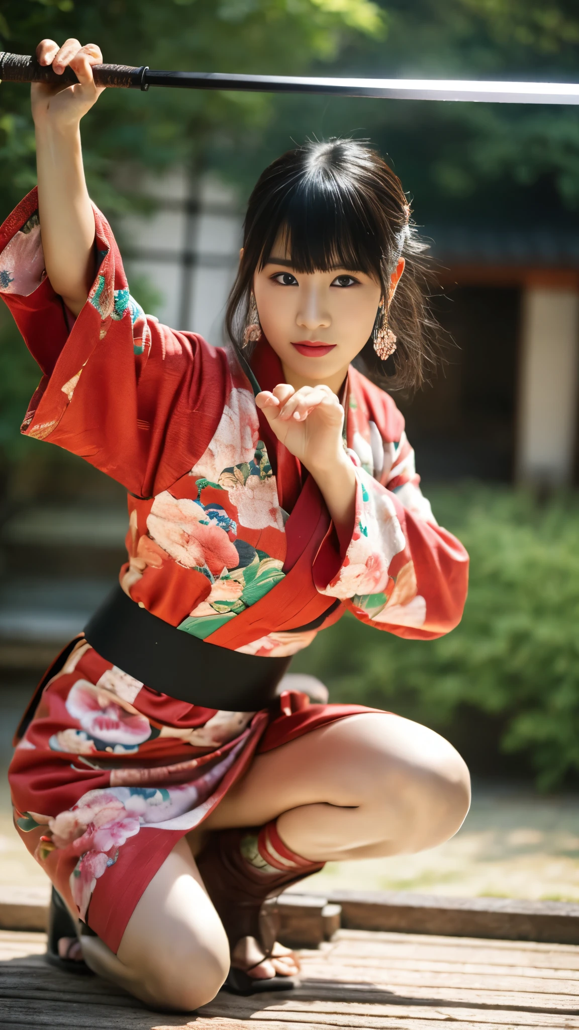 Beautiful Chinese woman, (), cute face, red lips, white moist skin,
BREAK,
Feminine body with high athletic ability, Female fitness model body, Feminine body with hard tones, (Muscles: 1.2), (Beautiful belly button),
BREAK,
Martial arts, Kung fu, Idol,
BREAK,
(Wearing cute kimono: 1.3), (Kimono with high exposure), (Red long boots 1.3), Necklace, Very large earrings, Short length,
BREAK,
Short hair, (Short bob hair), (Bangs: 1.2), (Pink hair), (Wavy hair),
BREAK,
(Very large Japanese sword: 1.4), (Holding the handle of a Japanese sword in hand: 1.3), (Raising a very large Japanese sword: 1.2), (Getting into a fighting stance),
BREAK,
(Japanese tattoo: 1.4),
BREAK,
Masterpiece, Perfect lighting, Ultra high resolution, 8K, (Very detailed: 1.4), (front view), looking at camera, melancholic expression,
BREAK,
(Tokyo city, lots of people in background), Japanese city background,