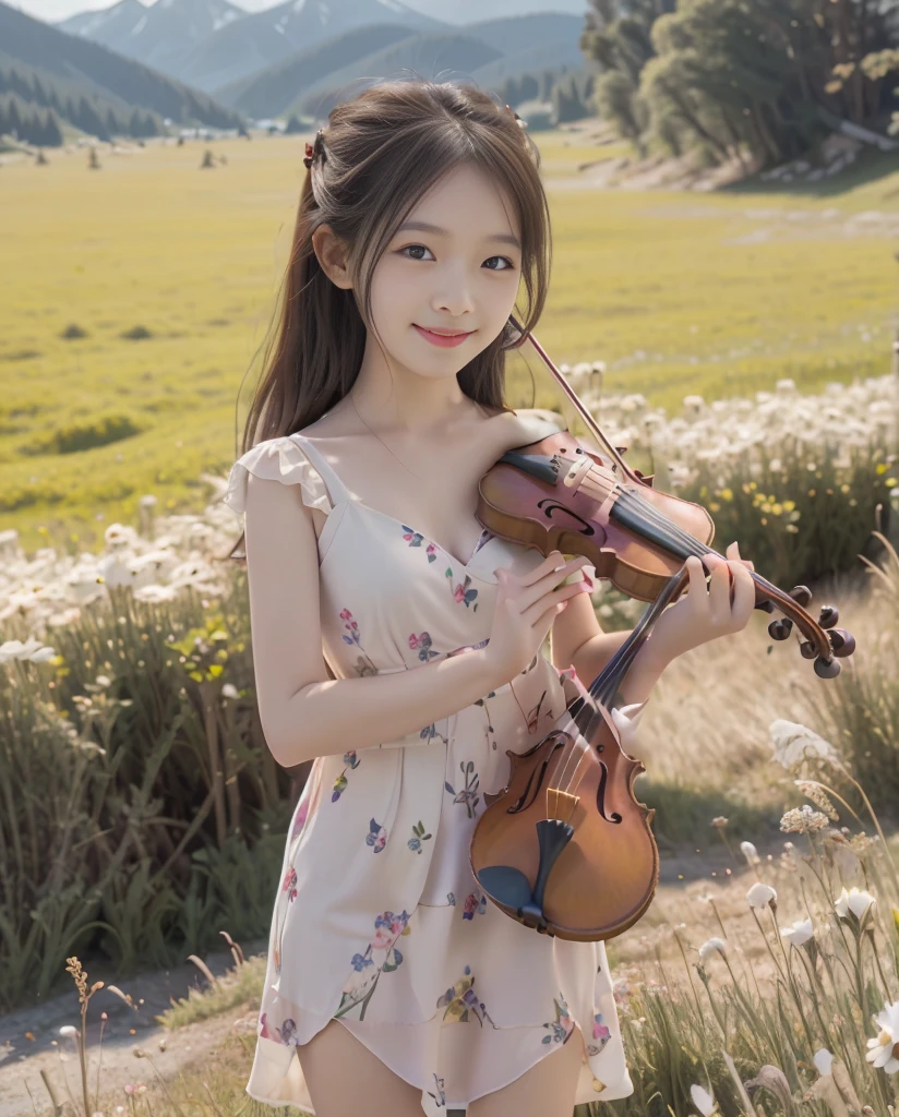 kawaii 1girl, violin playing, smile, slim, dress, outdoors, in nature, mountains, grassfield, flowers, sky, floating hair