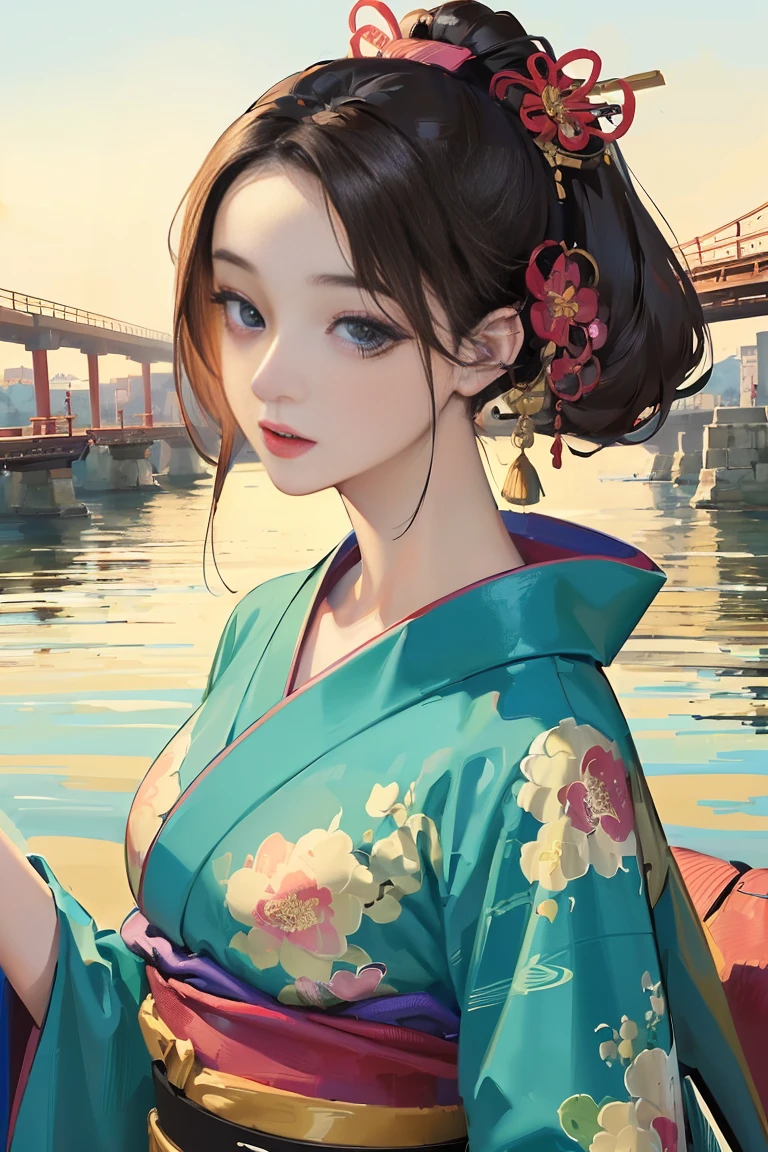 (Highest quality、 8k 、masterpiece、High resolution)、(whole body)、Vibrant colors、Brown-black bob、Traditional round topknot、Ample breasts、(Highly detailed face and eyes、Beautiful Face、Beautiful Eyes、Beautiful nose、Pretty lips)、Official Art、Japanese painting、 (Beautiful woman in kimono standing on a river bridge),(Vivid floral patterned kimono), Detailed CG、
