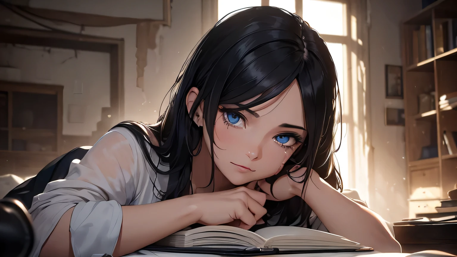 26-year-old woman with black hair and a white shirt, blue eyes crying a lot and screaming, reading a black book, next to her bed, in an old and destroyed room, dark and old, at night, face with tears in tears (better quality , 4k, 8k, high resolution, masterpiece: 1.2), ultra detailed, (realistic, photorealistic, photorealistic: 1.37), hdr, uhd, studio lighting, ultra fine painting, sharp focus, physics-based rendering, extreme detailed description , professional, vivid colors, bokeh, portrait, dramatic lighting