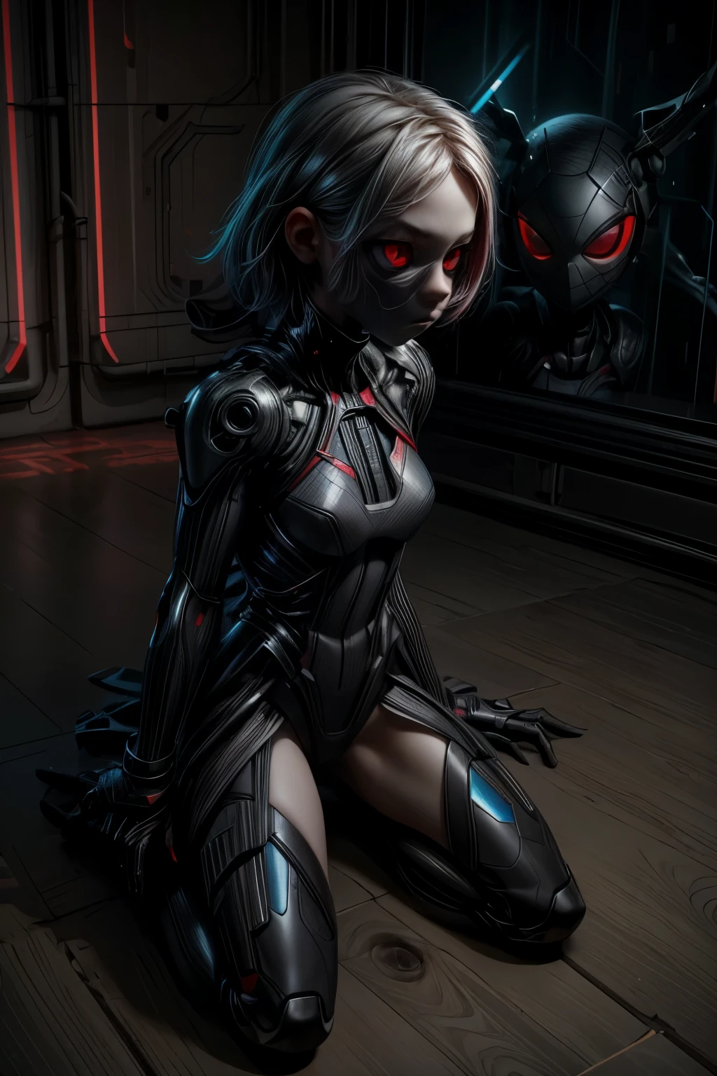 appearence a teenage girl eyes,albino,calm,quiet,cute,pretty,full body,looking ahead,short hair combed back,red outfit,black short,tied hair,spider verse suit,serious look,cyberpunk background
