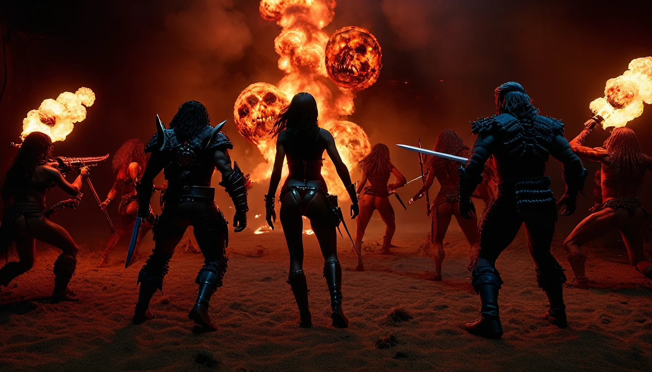 (3D rendering:3.1) in (medium full shot:3.1) in (back view:3.1) of lot of characters from a movie for slave girls from beyond infinity, inspired by Clyde Caldwell and Greg Rutkowski art, barbarian warriors with sword in battles against space creatures, monsters, daemons, aliens, mutant, with explosions, smoke and fire, (with Creepy, Sci-Fi, Fantasy and Horror:2.9) retro sci fi, Horror movie, very detailed body, moody, epic, ((Cinematic film)), ((Ultra Detailed)), Complex, ((Sharp Focus)), Object Texture, Studio Photo, Complex Details, ((Highly Detailed)), Photo Real Style, ((Hyper-realistic)), High Dynamic Range, (grains:2.5), ((Realistic Textures)), 8K UHD, Nikon D 850, Kodak Portra 400, Fujifilm XT, rich colors, (3D rendering:3.1)
