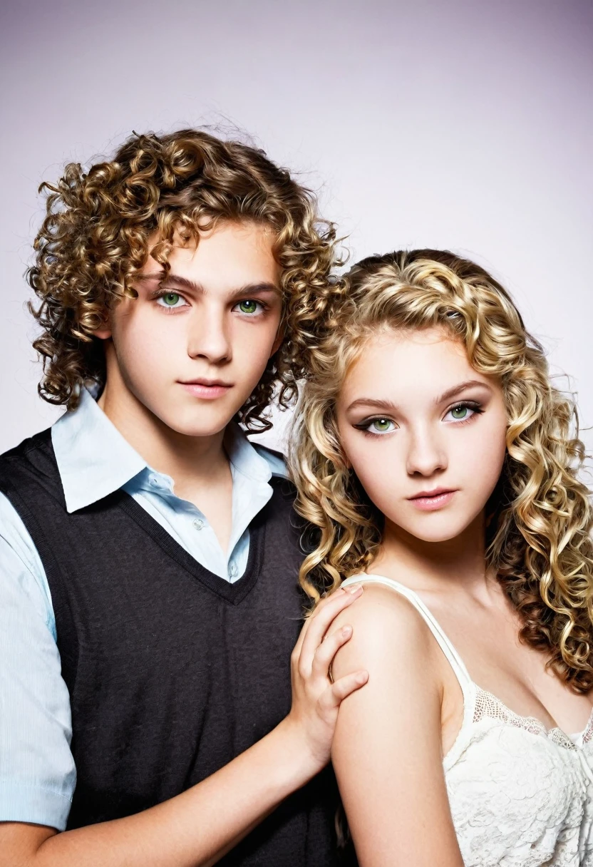 Creates a male and female teenage couple.
naughty girl: straight and blonde hair, greeneyes, white skin color e usa óculos
•
Menino: dark brown curly hair, light brown eyes, white skin color