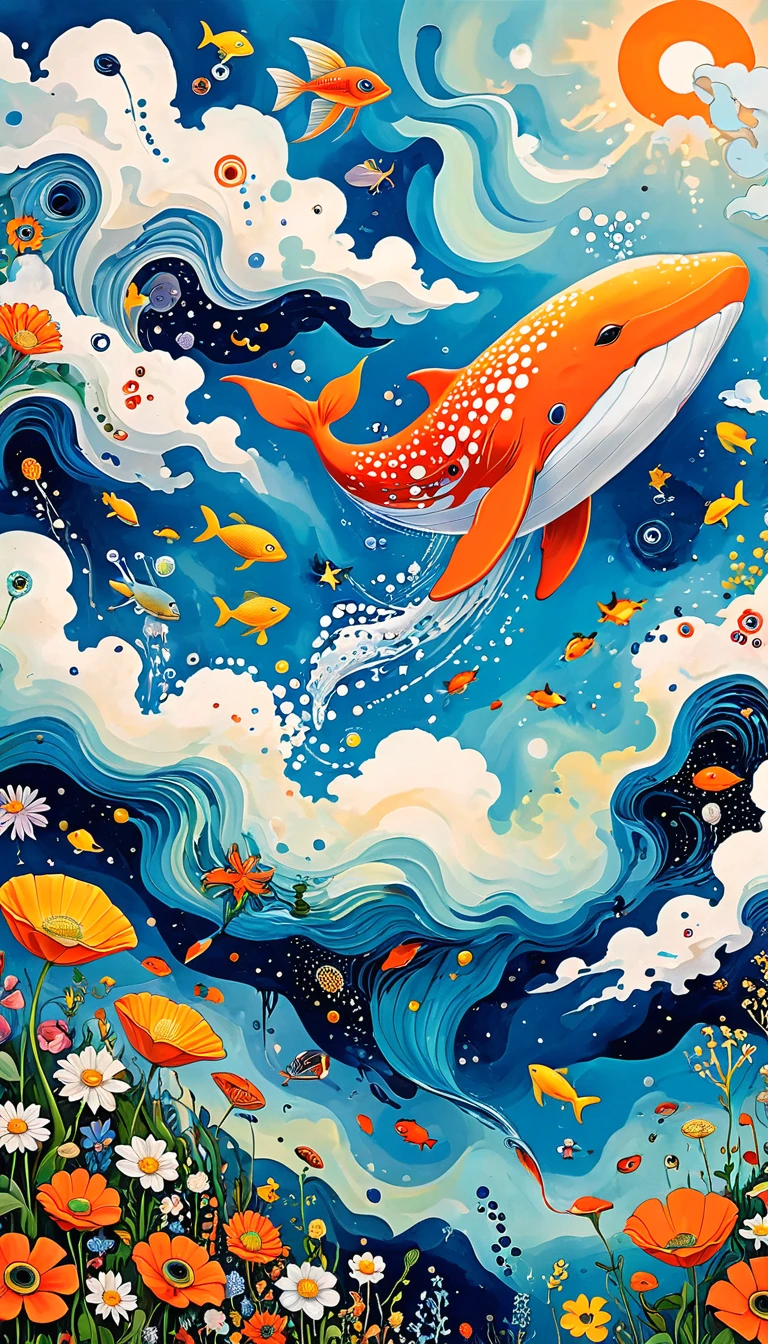 Children's graffiti,Artists from the stars,Child,joy, Flying tow orange Whale:1.37、Eruption Cloud、sky、flowesh、章fish触手瀑布。、bird、Eye、diatom,Abstract mosaic painting,Describing the inner world of autistic people,Large area of white,interesting,Innocence,Vision,Psychedelic Art,