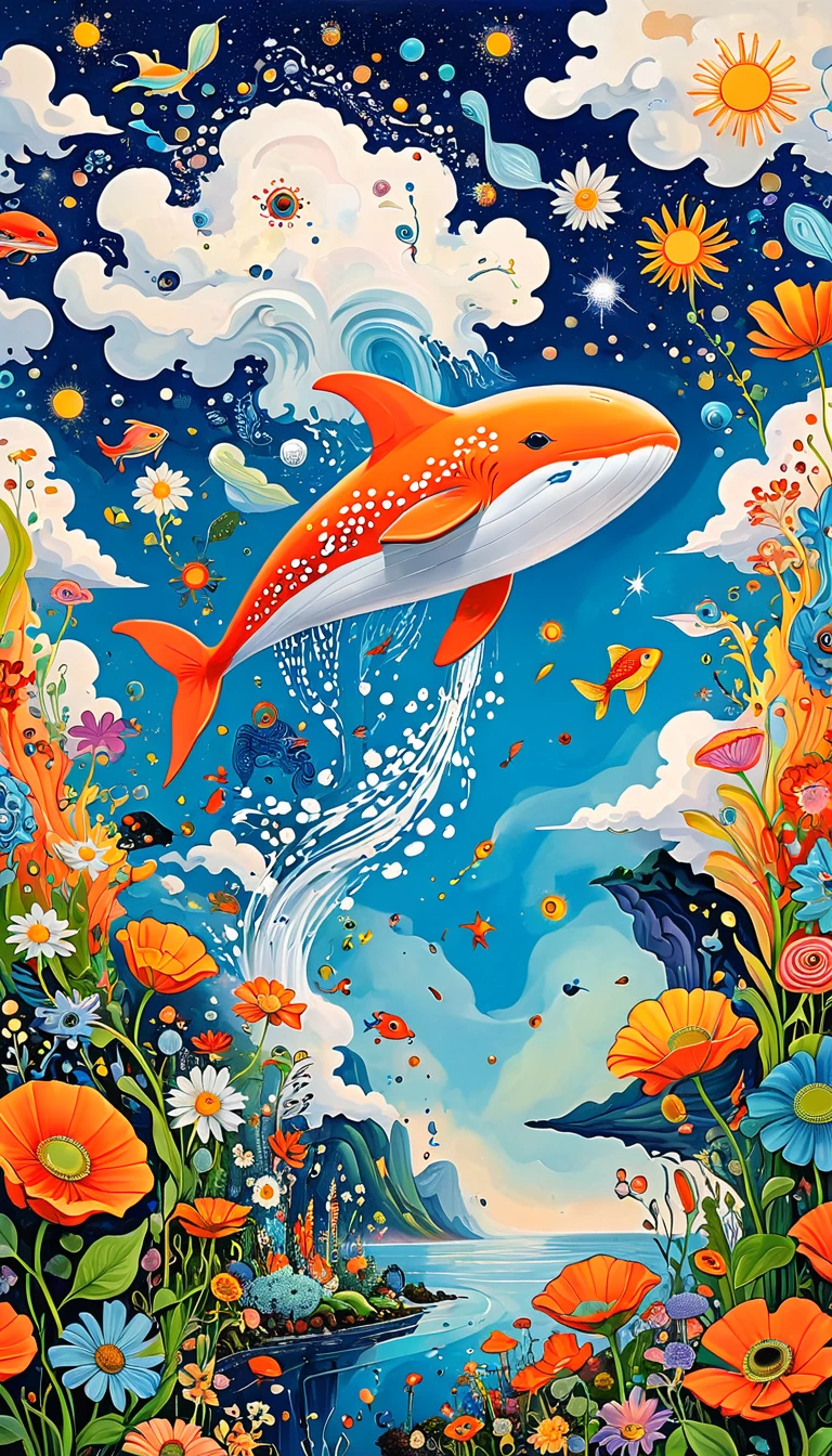 Children's graffiti,Artists from the stars，Child，joy， Flying tow orange Whale:1.37、Eruption Cloud、sky、flowesh、章fish触手瀑布。、bird、Eye、diatom，Abstract mosaic painting，Describing the inner world of autistic people，Large area of white，interesting，Innocence，Vision，Psychedelic Art，
