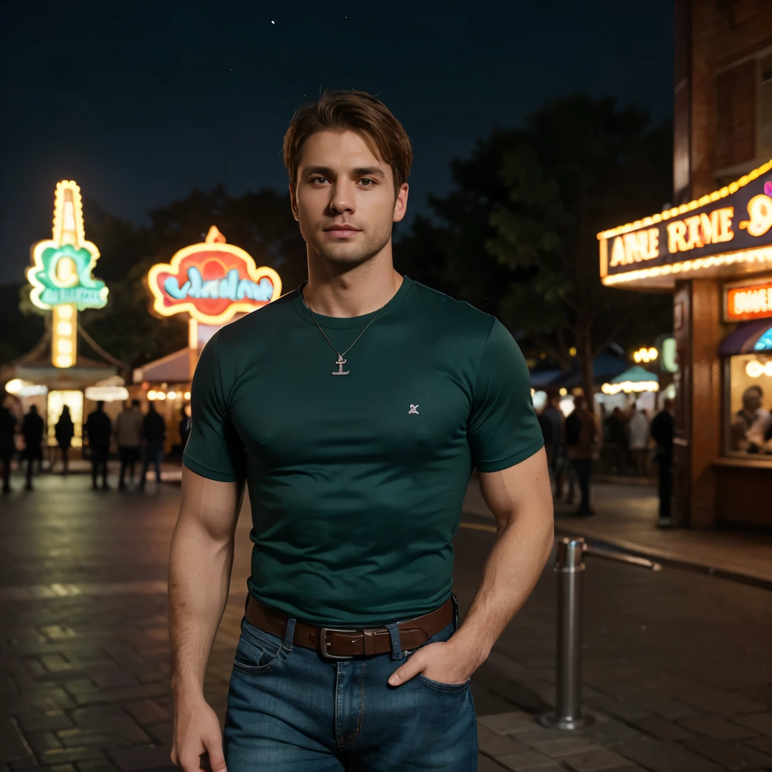((Handsome 35 year old caucasian male with desireable features standing in an amusement park at night, colorful lights around him)), BREAK, (medium length light brown hair, clean shaven face, no facial hair, intriguing green eyes), BREAK, black shirt, blue jeans, athletic physique, colorful outdoor lighting highlights his excellent features
