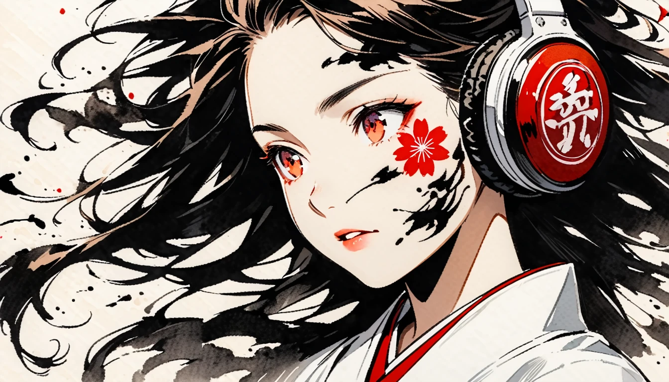 (((Ink Painting))), ((Japanese style headphones)), (((Japanese pattern tattoo on face))), face close up, Gorgeous hair accessories, Japanese Woman, Fluttering Hair, (((karate)))