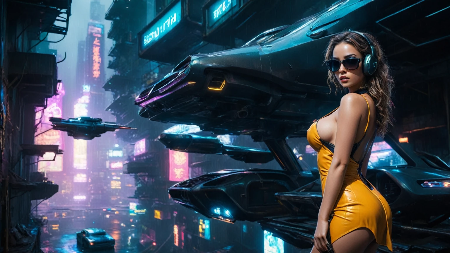 (aerial view, a flying cars docking platform, a very dark abandoned futuristic city, neon lights), rainy night. 1girl, solo, alone, large-breast:1.2 slim body, cleavage:1.1, sexy wind blowing wet dress:1.4, (headphone, black sunglasses), (((she raised:1.8 a pistol:1.8 and took aim))), dynamic pose, (((half-body thigh level medium shot))), cinematic lighting, lens flare, ray tracing.