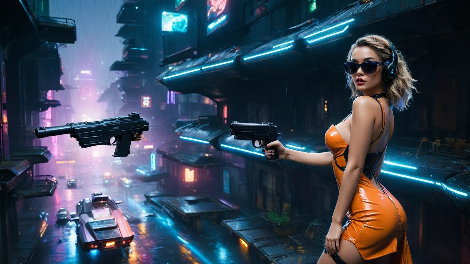 (aerial view, a flying cars docking platform, a very dark abandoned futuristic city, neon lights), rainy night. 1girl, solo, alone, large-breast:1.2 slim body, cleavage:1.1, sexy wind blowing wet dress:1.4, (headphone, black sunglasses), (((she raised:1.8 a pistol:1.8 and took aim))), dynamic pose, (((half-body thigh level medium shot))), cinematic lighting, lens flare, ray tracing.