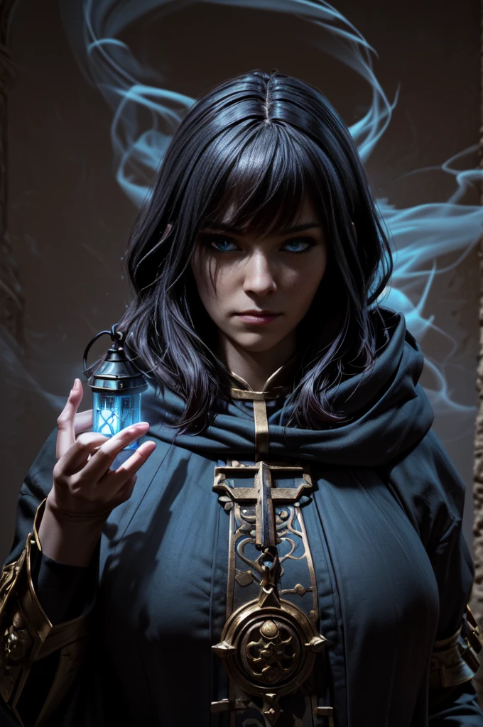 selfie, 1 character, rpg fantasy, fantasy race. in darkness, holding a lantern  in front face, magic item, large lantern suspended by chain. the lantern shiny bright and conjuring falling smoke, blue fire. priest, hood, light reflect in face and eyes, serious expression. perfect hands [[in 2 hands, 5_fingers, five_finger, 5f, 5_fingered]]. original character, authentic. looking to viewer, focus on talisman and face.  centered, solo character, front view. semi realistic painting style, illustration. blank background, empty.3D, baroque style,oil paint,Rococo style, 3d