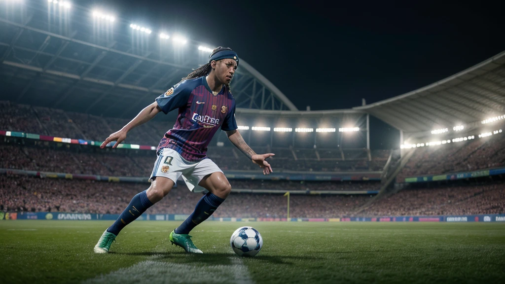realistic, (Ronaldinho gaúcho)detailed, focused eyes, and (messi)detailed playing football with a stadium full of fans and a rain of bitcoins invading the field (full entire body), wearing the Barcelona uniform ((stadium football)), night, best quality masterpiece , photorealistic,detailed, 8k,hdr, shallow depth of field, broad light,high contrast,backlighting
