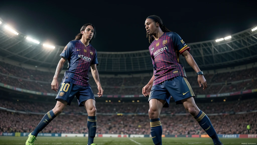 realistic, (Ronaldinho gaúcho)detailed, focused eyes, and (messi)detailed playing football with a stadium full of fans and a rain of bitcoins invading the field (full entire body), wearing the Barcelona uniform ((stadium football)), night, best quality masterpiece , photorealistic,detailed, 8k,hdr, shallow depth of field, broad light,high contrast,backlighting
