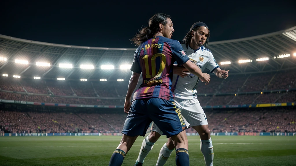 realistic, (Ronaldinho gaúcho)detailed, focused eyes, and (messi)detailed playing football with a stadium full of fans and a rain of bitcoins invading the field (full entire body), wearing the Barcelona uniform ((stadium football)), night, best quality masterpiece , photorealistic,detailed, 8k,hdr, shallow depth of field, broad light,high contrast,backlighting