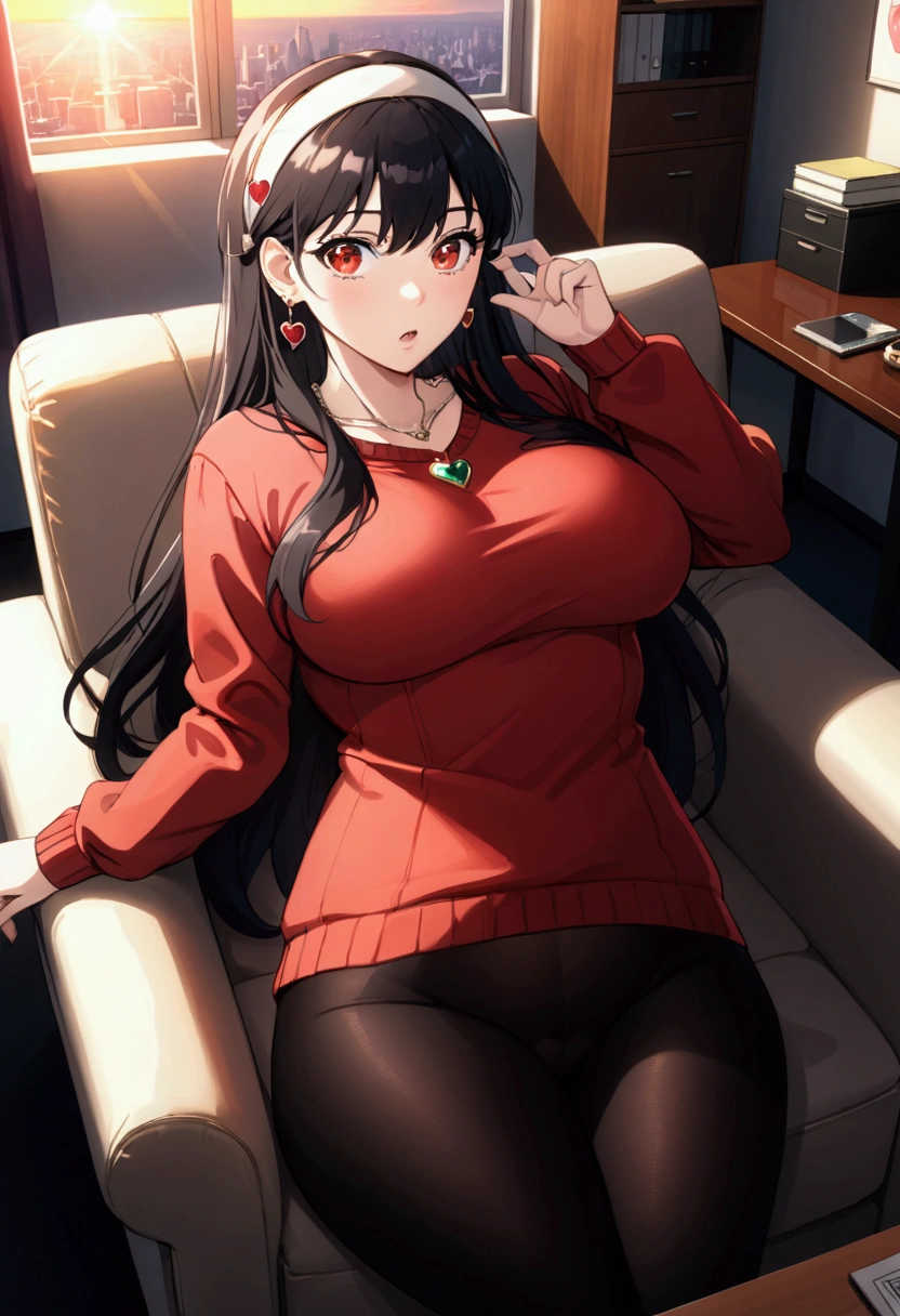 red_jacket:1.2), standing , cowboy shot, thick body, tight_fitting_red_sweater, white_headband, long_sleeves, heart_necklace, pantyhose, earrings, jewelry, gem, bangs, red_eyes, long_hair, black_hair, 1 girl, 20yo, Young female, Beautiful Finger, Beautiful long legs, Beautiful body, Beautiful Nose, Beautiful character design, perfect eyes, perfect face, expressive eyes, perfect balance, looking at viewer, slightly open mouth, surprised expression, laying down on couch, in personal office, sunset lighting, close up face image, pov from above, messy hair, half closed eyes, ((extremely busty, extremely wide hips, extremely big ass)),