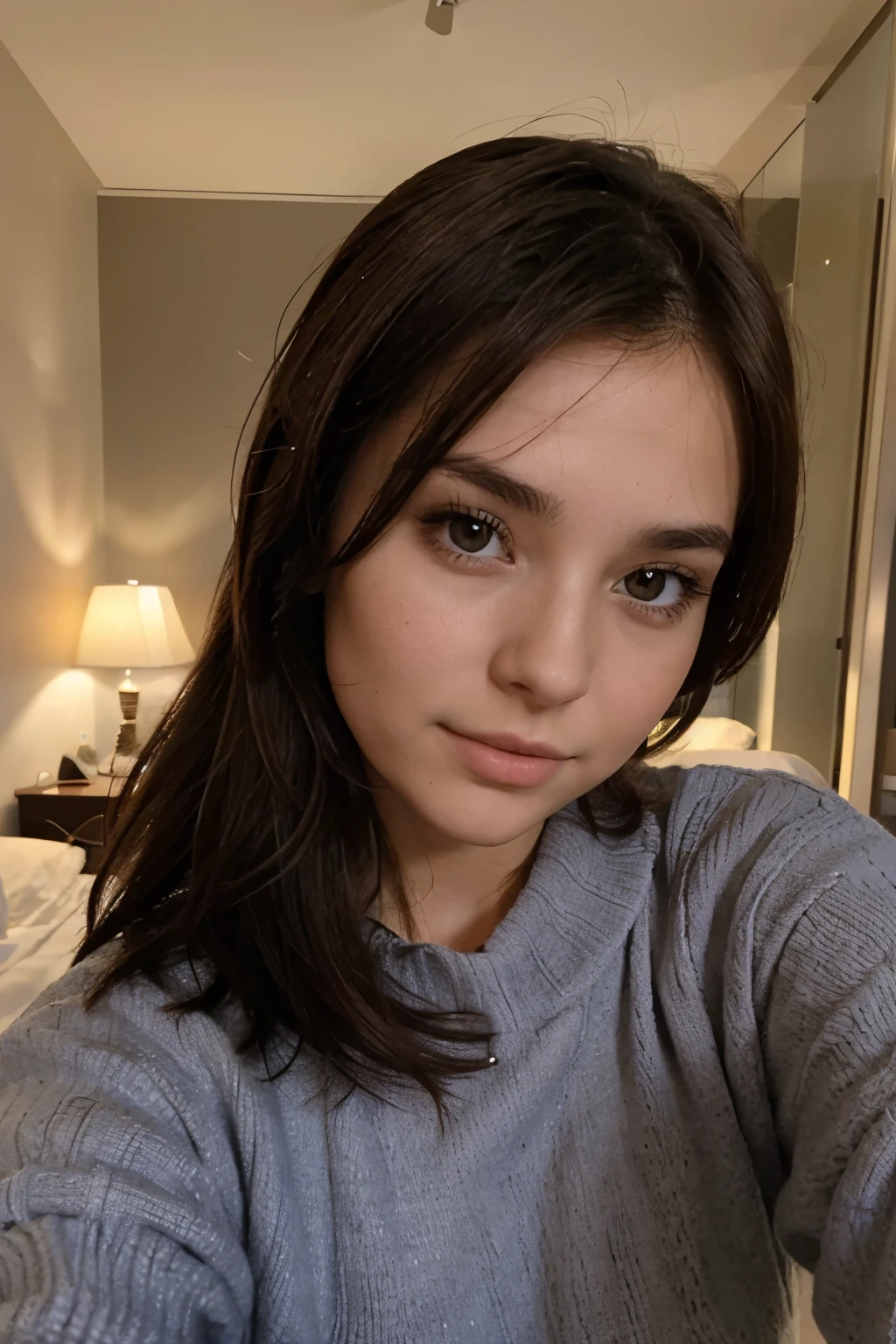 Fille brune fait un selfi tres pres de son visage dans son lit