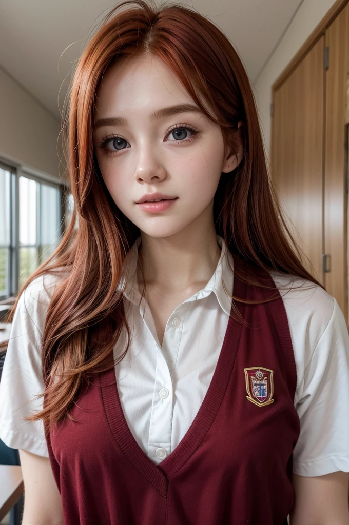 redhead, university student, beautiful, delicate face, university uniform,
