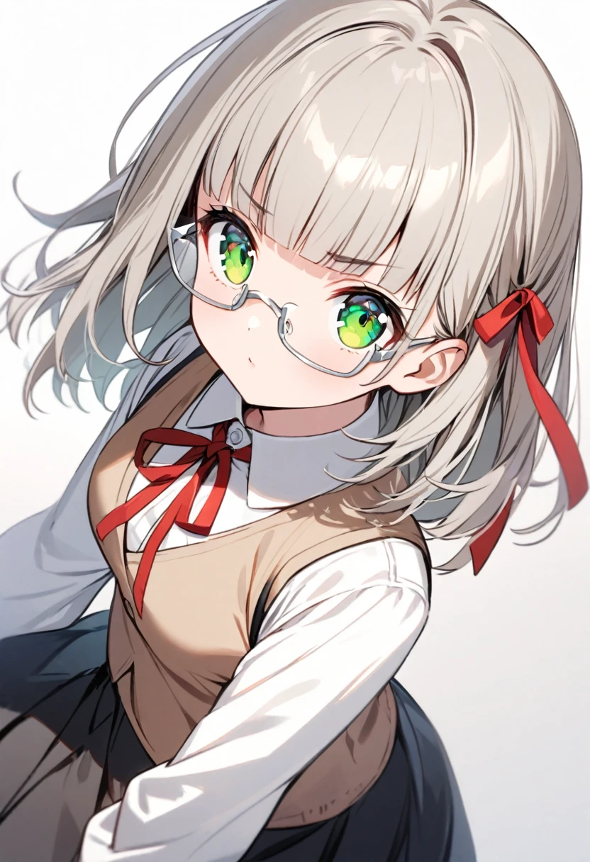 cute girl, silver medium hair, blunt bangs, short bangs above brows, silver framed glasses, wearing , (white shirt, red ribbon, light brown vest, black skirt), green eyes