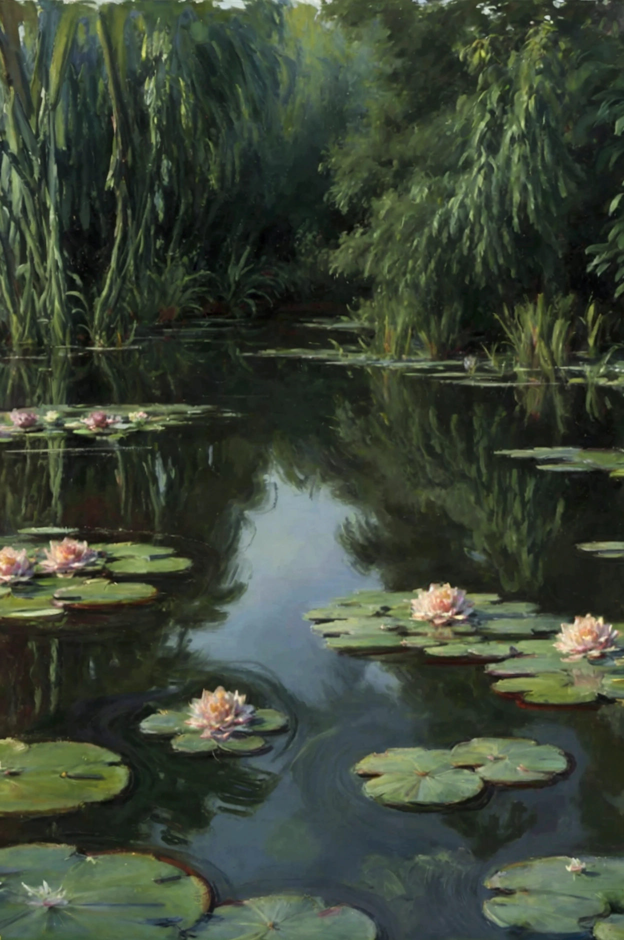 A pond with a rotting skeleton floating in it, a painting of water lilies in a pond of water, monet painting, claude monet), impressionist art, by claude monet, by Claude Monet, impressionism painting, impressionist painting, water lilies, monet painted, impressionist artists, impressionism, an impressionist painting, by Blanche Hoschedé Monet, style of monet, impressionism and expressionism, charles monet, french impressionism