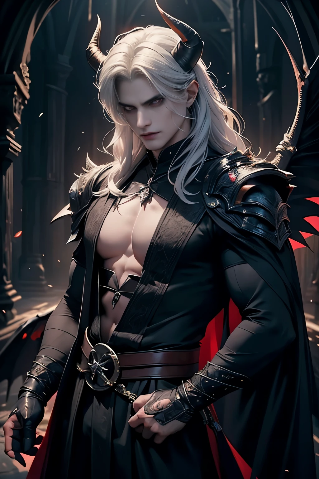 ((Best quality)), ((masterpiece)), 8k (detailed), ((perfect face)), perfect proporcions, ((halfbody)) he is a sorcerer, he is 30 years old, he dresses in a wizard's robe, gothic style, he has red eyes, he has long wavy white hair, he is in a witcher's hut, he is strong and muscular, he has the bare torso, he is a demon ((perfect face)) sexy male, gothic make up ((fullfbody)) white hair, he has demon wings, he has black horns, horns, demon, dominant, man face,