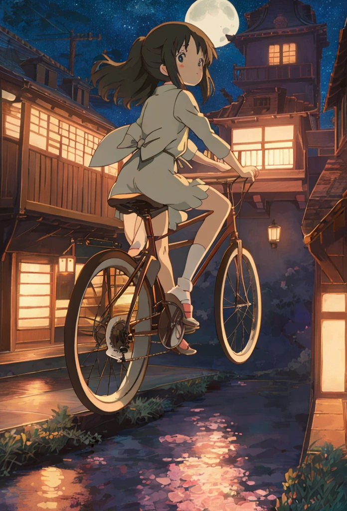Ghibli night moon flying bicycle girl