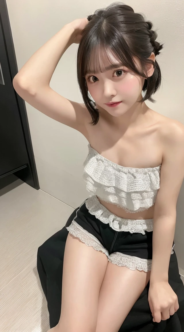 (Highest quality、8k、32K、masterpiece、Best Quality、Realistic))、Black Hair、Medium Hair、Short bangs、(Small breasts:1.3)、Small breasts、Selfie、Sitting、Leg spread、Idol、room、Wearing loose cloth shorts