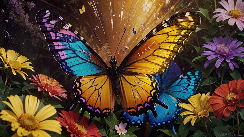 fantasy butterfly with spectrum colors landing on a wonderful flower soaking honey, amazing 4k detailed color, butterfly painting detail, fantastic color painting