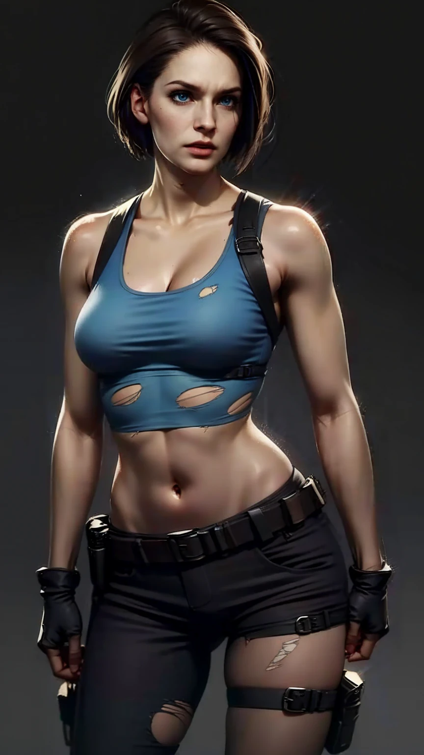 JillValentine, (torn tank top:1.2), small breast, pants, belt, fingerless gloves, shoulder holster, thigh strap, ((wipe hips)), (masterpiece, best quality:1.2), (simple dark background:1.5)
