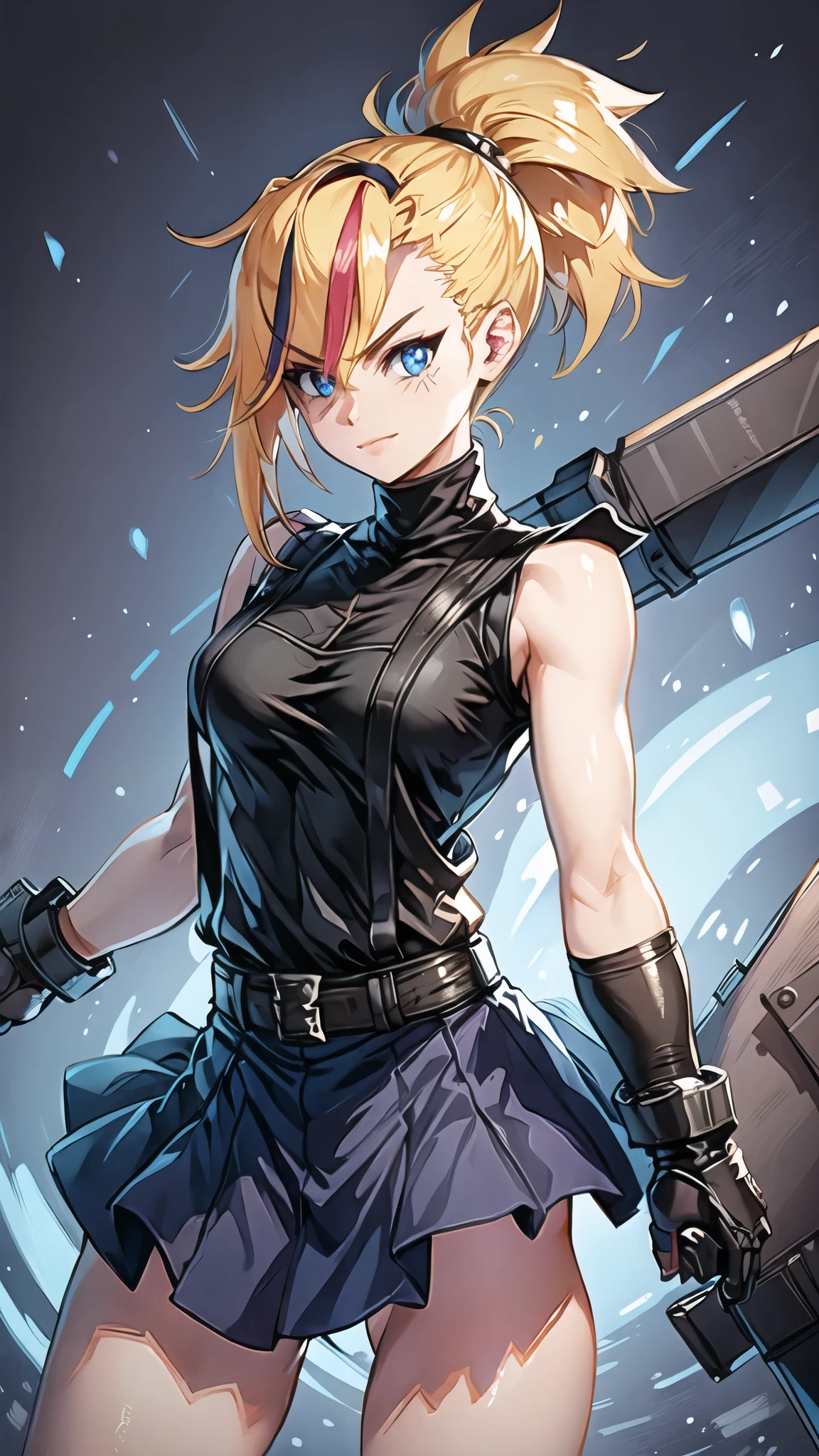 (masterpiece, best quality:1.2), Blue  glowing eyes, perfect face, highres, 1 girl, solo, ultra long ponytail, (female:1.5), strife, blonde hair, shoulder armor, sleeveless turtleneck, suspenders, belt, gloves, bracer, evil smile, standing, portrait, looking at viewer, giant sword on the back