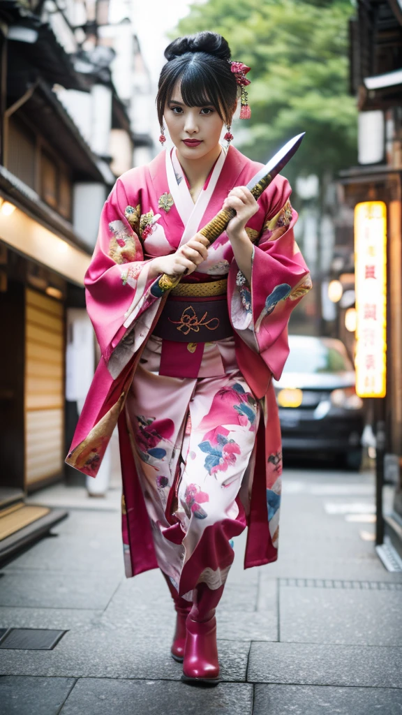 Beautiful Chinese woman, (16 years old), cute face, red lips, white moisturized skin,
BREAK,
Feminine body with high athletic ability, Female fitness model body, Feminine body with hard tones, (Muscles: 1.2), (Beautiful belly button),
BREAK,
Martial arts, Kung fu, Idol,
BREAK,
(Wearing cute kimono: 1.3), (Kimono with high exposure), (Red long boots 1.3), Necklace, Very large earrings, Short length,
BREAK,
Short hair, (Short bob hair), (Bangs: 1.2), (Pink hair: 1.3), (Wavy hair),
BREAK,
(Very large Japanese sword: 1.4), (Holding the handle of a Japanese sword in hand: 1.3), (Raising a very large Japanese sword: 1.2), (Getting into a fighting stance),
BREAK,
(Japanese tattoo: 1.4),
BREAK,
Masterpiece, Perfect lighting, Ultra high resolution, 8K, (Very detailed: 1.4), (front view), looking at camera, melancholic expression,
BREAK,
(Tokyo city, lots of people in background), Japanese city background,
