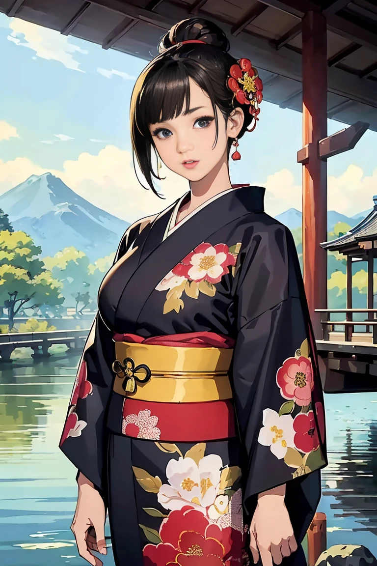 (Highest quality、 8k 、masterpiece、High resolution)、(whole body)、Vibrant colors、Brown-black bob、Traditional round topknot、Ample breasts、(Highly detailed face and eyes、Beautiful Face、Beautiful Eyes、Beautiful nose、Pretty lips)、Official Art、Japanese painting、 (Beautiful woman in kimono standing on a river bridge),(Vivid floral patterned kimono), Detailed CG、