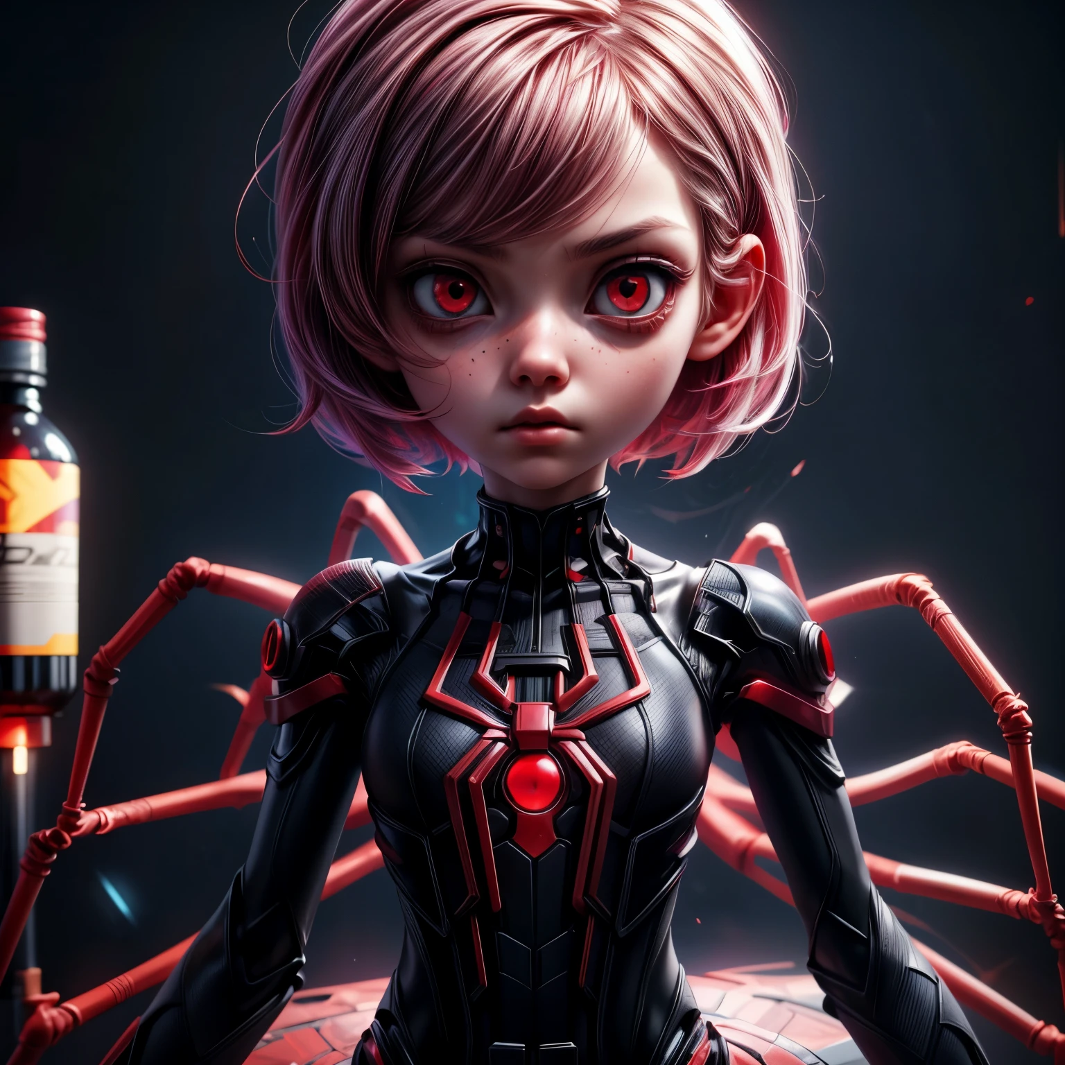 appearence a  girl,red eyes,albino,calm,quiet,cute,pretty,full body,looking ahead,short hair combed back,red outfit,black short,tied hair,spider verse suit,serious look,cyberpunk background 