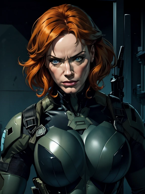 Imagine Christina Hendricks as a Metal Gear Solid character, powerful female character, short wavy orange hair and bright blue eyes, 48 years old, striking and mature facial features, agile and athletic build, (Wearing: Fingerless Gloves, skin-tight suit, black and green stealth suit, cleavage cutout, utility belt, metallic armlets, armored boots, gun holsters), The suit is so tight that Christina Hendricks breasts barely fit in it, The suit emphasizes her stealth and combat prowess. Stealthy and formidable presence of the character, hyper-realistic rendering to capture every minute detail, showcasing the mastery of digital portrait artistry, ultimate photorealistic quality, highly detailed facial expression showcasing the determination and strategy of the character,  subtle hints of high-tech and militaristic elements reflecting the true essence of the Metal Gear Solid universe, vibrant colors with deep gray’s and contrasting cool tones, creating a visually striking and captivating portrait.
